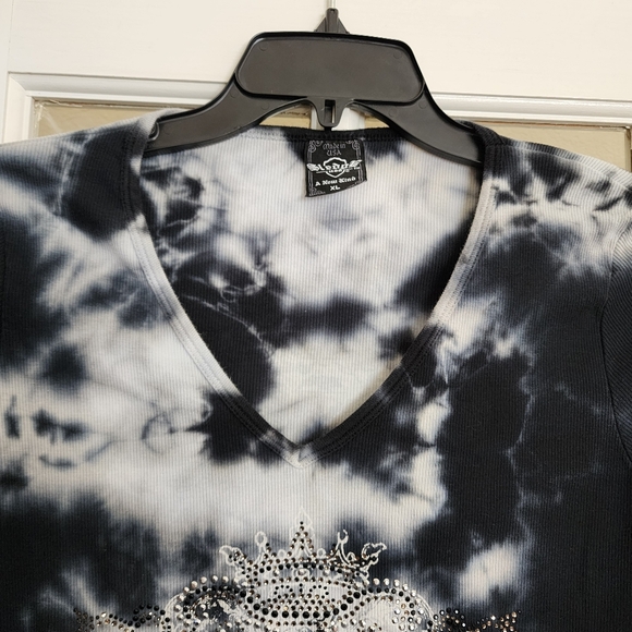 Sledge USA Y2K Tie-Dye Rhinestone Crest V-Neck Top XL Made in USA - Picture 5 of 12
